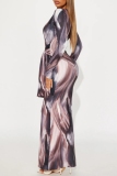 Multicolor Evening Party Prom Gown Tie Dye Print Deep V Neck Long Sleeve Belted Waist Fishtail Hem Casual Vacation Bodycon Maxi Dresses