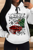 White Casual Christmas Tree Letter Print Bow Draw String Pocket Fall Winter Hooded Sweatshirt