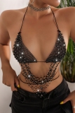 Black Club Patchwork Rhinestone Fringed Trim Backless Belted Glitter Halter Crop Tops