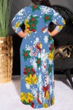 Blue Christmas Santa Claus Snowflake Snowman Print V Neck Half Sleeve Lace Up Slit Floor Length Belted Long Vacation Plus Size A Line Maxi Dress