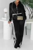 Blue Sportwear Stripe Print Casual Daily Long Sleeve Jackets And Wide Leg Sweatpants Two Pieces Jogger Sets