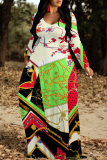White Gold Casual Graphics Print Long Sleeve V Neck Floor Length Loose Vacation Baggy Loose Maxi Dress