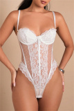 Black Lace Detailing Patchwork See-Through Backless Spaghetti Strap Skinny Sheer Mesh Bodysuit