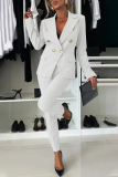 White Formal Office Street Pocket Buttons Turn-back Collar Long Sleeve Blazer Jackets And Skinny Pants Two Pieces Trouser Sets