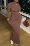 Khaki Casual Outing Hot Drill O Neck Short Sleeve Draw String Crop Tops And Maxi Skirt Two Pieces Dress Sets