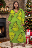 Leopard Casual Christmas Crinch Print Deep V Neck Long Sleeve Plus Size Straight Loose Maxi Dresses with Pocket