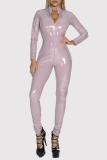 Black Long Sleeve Zipper PU Leather Shiny Lingerie