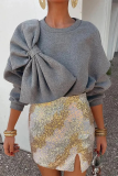 White Formal Office Casual Bow Decor O Neck Long Sleeve Fall Winter Sweatshirt