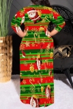Blue Christmas Santa Claus Snowflake Snowman Print V Neck Half Sleeve Lace Up Slit Floor Length Belted Long Vacation Plus Size A Line Maxi Dress