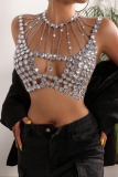 Silver Club Diamond Decor Backless Spaghetti Strap Hollow Out Chains Cami Crop Tops