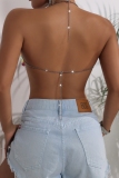 Purple Fringed Trim Chains Sleeveless Backless Shell Beads Halter Crop Tops