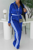 Blue Sportwear Stripe Print Casual Daily Long Sleeve Jackets And Wide Leg Sweatpants Two Pieces Jogger Sets