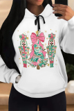 White Casual Christmas Tree Letter Print Bow Draw String Pocket Fall Winter Hooded Sweatshirt