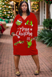Red Khaki Casual Christmas Deer Santa Claus Print Deep V Neck Long Sleeve Plus Size Straight Loose Midi Dresses with Pocket