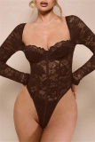 White Lace Detailing Patchwork See-Through Backless Square Neck Long Sleeve Spaghetti Strap Skinny Sheer Mesh Bodysuit