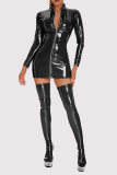 Red Patchwork Zipper Long Sleeve PU Leather Lingerie