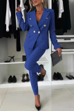 White Formal Office Street Pocket Buttons Turn-back Collar Long Sleeve Blazer Jackets And Skinny Pants Two Pieces Trouser Sets