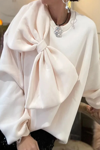 White Formal Office Casual Bow Decor O Neck Long Sleeve Fall Winter Sweatshirt