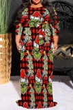 Red Christmas Crinch Print V Neck Half Sleeve Lace Up Slit Floor Length Belted Long Vacation Plus Size A Line Maxi Dress