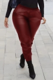 Black Casual Outing Plus Size High Waist PU Leather Skinny Pants