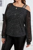 Black Casual Sequins Oblique Collar Long Sleeve Plus Size Glitter Blouse