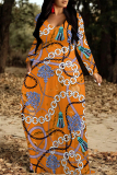 White Gold Casual Graphics Print Long Sleeve V Neck Floor Length Loose Vacation Baggy Loose Maxi Dress