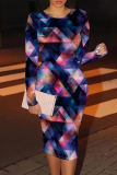 Black White Graphic Print O Neck Long Sleeve Casual Outing Bodycon Pencil Midi Dress