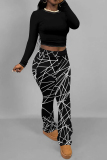 Black Round Neck Long Sleeve Crop Tops And Flared Pants Two Pieces Matching Sets