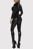 Black Long Sleeve Zipper PU Leather Shiny Lingerie