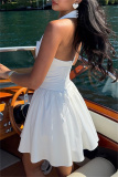 White Casual Vacation Backless Sleeveless Vacation Halter A Line Pleated Mini Dresses