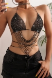 Black Club Patchwork Rhinestone Fringed Trim Backless Belted Glitter Halter Crop Tops