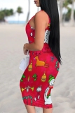 Beige Christmas Santa Claus Dress Sleeveless U Neck Knee Length Casual Outing Bodycon Vest Midi Dress