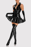 Black Shiny Sleeveless Zipper PU Leather Pleated Lingerie(No Gloves Or Socks)
