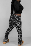 Black Round Neck Long Sleeve Crop Tops And Flared Pants Two Pieces Matching Sets