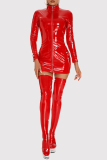 Red Patchwork Zipper Long Sleeve PU Leather Lingerie