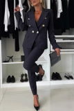 White Formal Office Street Pocket Buttons Turn-back Collar Long Sleeve Blazer Jackets And Skinny Pants Two Pieces Trouser Sets