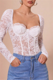 White Lace Detailing Patchwork See-Through Backless Square Neck Long Sleeve Spaghetti Strap Skinny Sheer Mesh Bodysuit