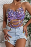 Purple Fringed Trim Chains Sleeveless Backless Shell Beads Halter Crop Tops