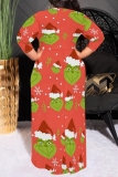 Red Christmas Crinch Print V Neck Half Sleeve Lace Up Slit Floor Length Belted Long Vacation Plus Size A Line Maxi Dress