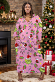 Leopard Casual Christmas Crinch Print Deep V Neck Long Sleeve Plus Size Straight Loose Maxi Dresses with Pocket