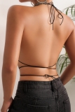 Black Club Patchwork Rhinestone Fringed Trim Backless Belted Glitter Halter Crop Tops