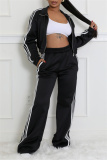 Blue Sportwear Stripe Print Casual Daily Long Sleeve Jackets And Wide Leg Sweatpants Two Pieces Jogger Sets