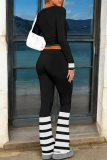Navy Blue Letter Print Long Sleeve Crop Sweatshirt and Drawstring Striped Pants Sportwear Casual Two Pieces Sweatpant Set