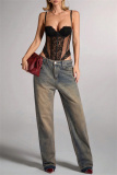 Black Lace Detailing Patchwork See-Through Backless Spaghetti Strap Skinny Sheer Mesh Bodysuit