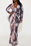 Multicolor Evening Party Prom Gown Tie Dye Print Deep V Neck Long Sleeve Belted Waist Fishtail Hem Casual Vacation Bodycon Maxi Dresses
