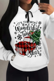 White Casual Christmas Tree Letter Print Bow Draw String Pocket Fall Winter Hooded Sweatshirt