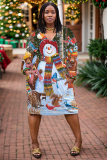 Light Blue Casual Christmas Santa Claus Snowman Print Deep V Neck Long Sleeve Plus Size Straight Loose Midi Dresses with Pocket