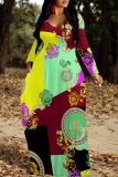 White Gold Casual Graphics Print Long Sleeve V Neck Floor Length Loose Vacation Baggy Loose Maxi Dress