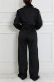 Blue Sportwear Stripe Print Casual Daily Long Sleeve Jackets And Wide Leg Sweatpants Two Pieces Jogger Sets