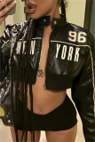 Black Casual Letter Print Zipper Collar Long Sleeve PU Leather Crop Jacket